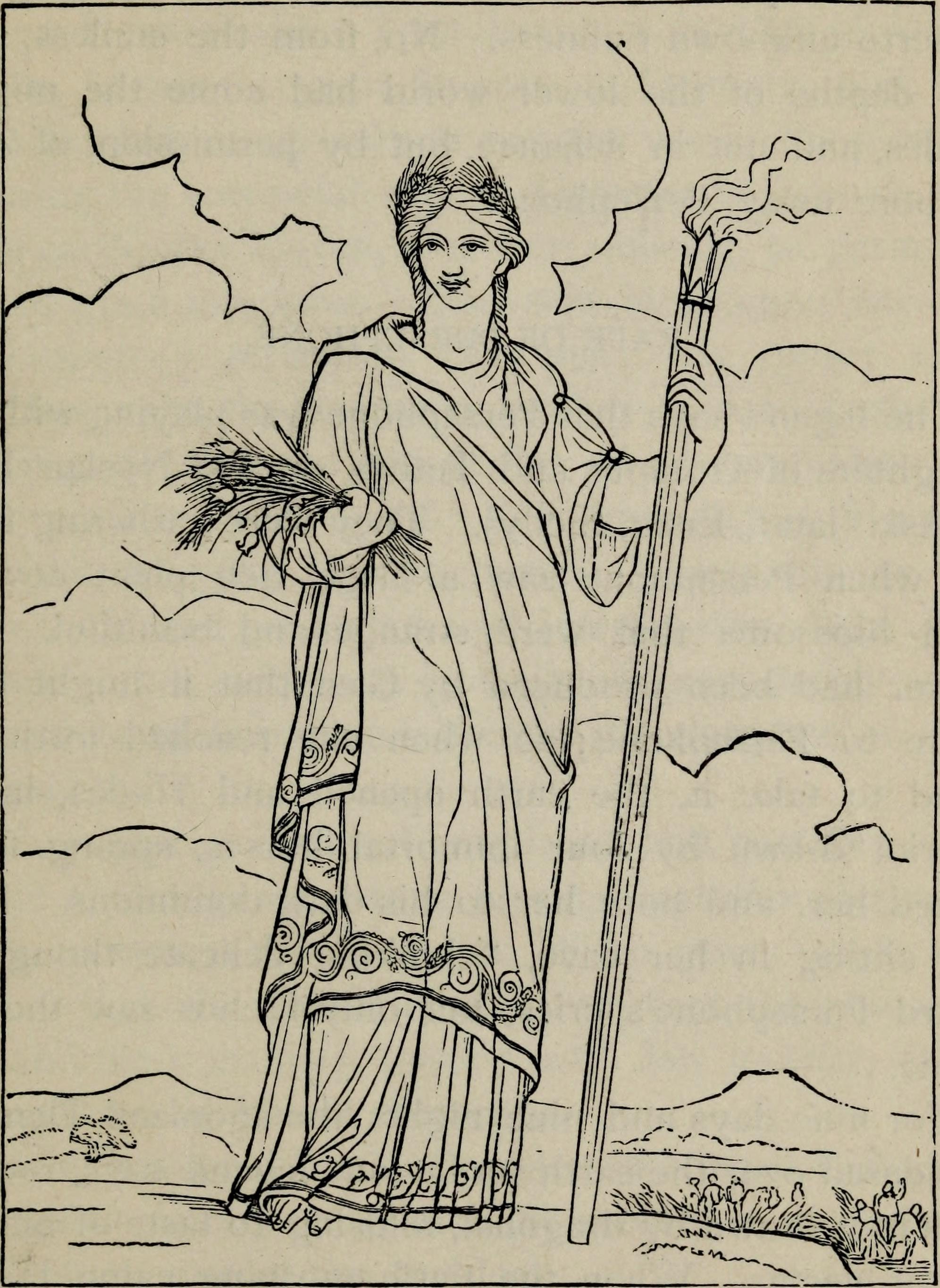 Line drawing of the goddess Demeter, standing with staff and arms filled with wheat.