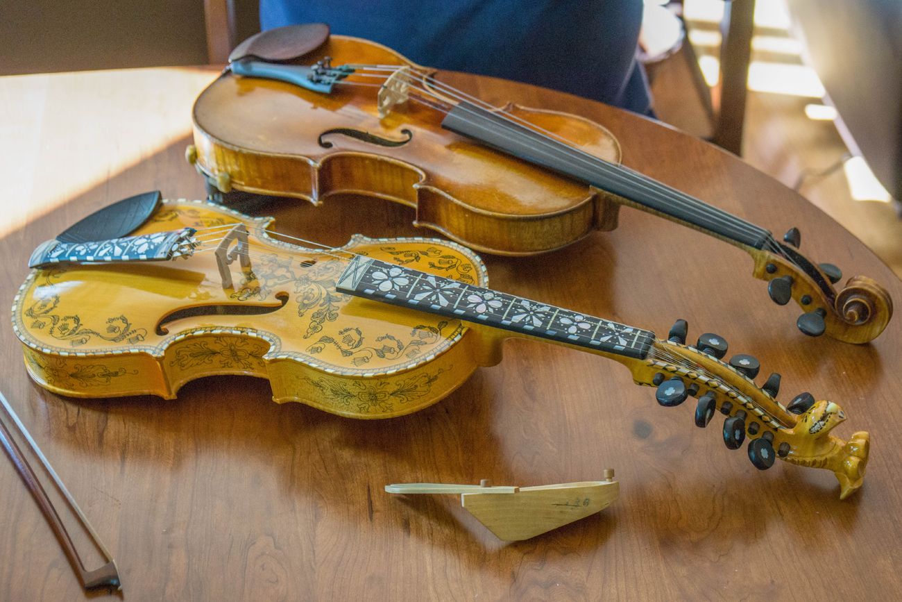 David's father’s violin and a replica of his great-great-grandfather’s Hardanger fiddle. 
