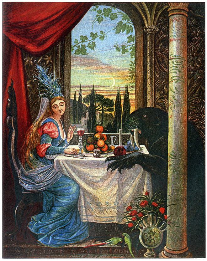 Beauty having dinner with the Beast in front of a window.