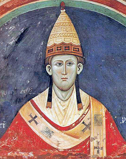 Paiting of Pope Innocent III , showing head and shoulders in traditional costume.
