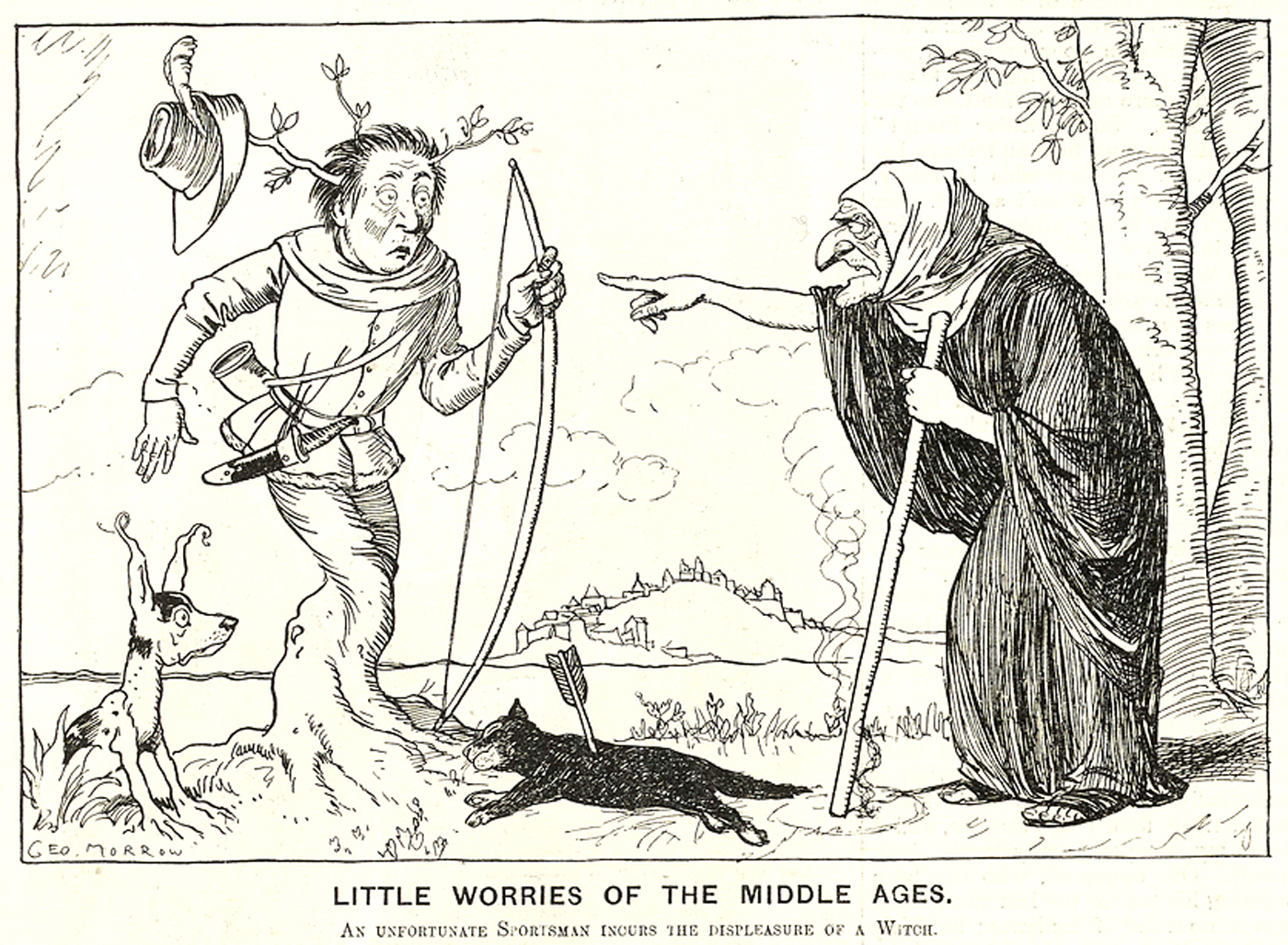Little Worries of the Middle Ages. An unfortunate sportsman incurs the displeasure of a witch. © Punch Ltd