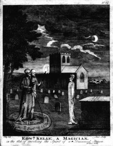 Engraving of two people under a tree summoning a spirit, who stands in white in front of them.