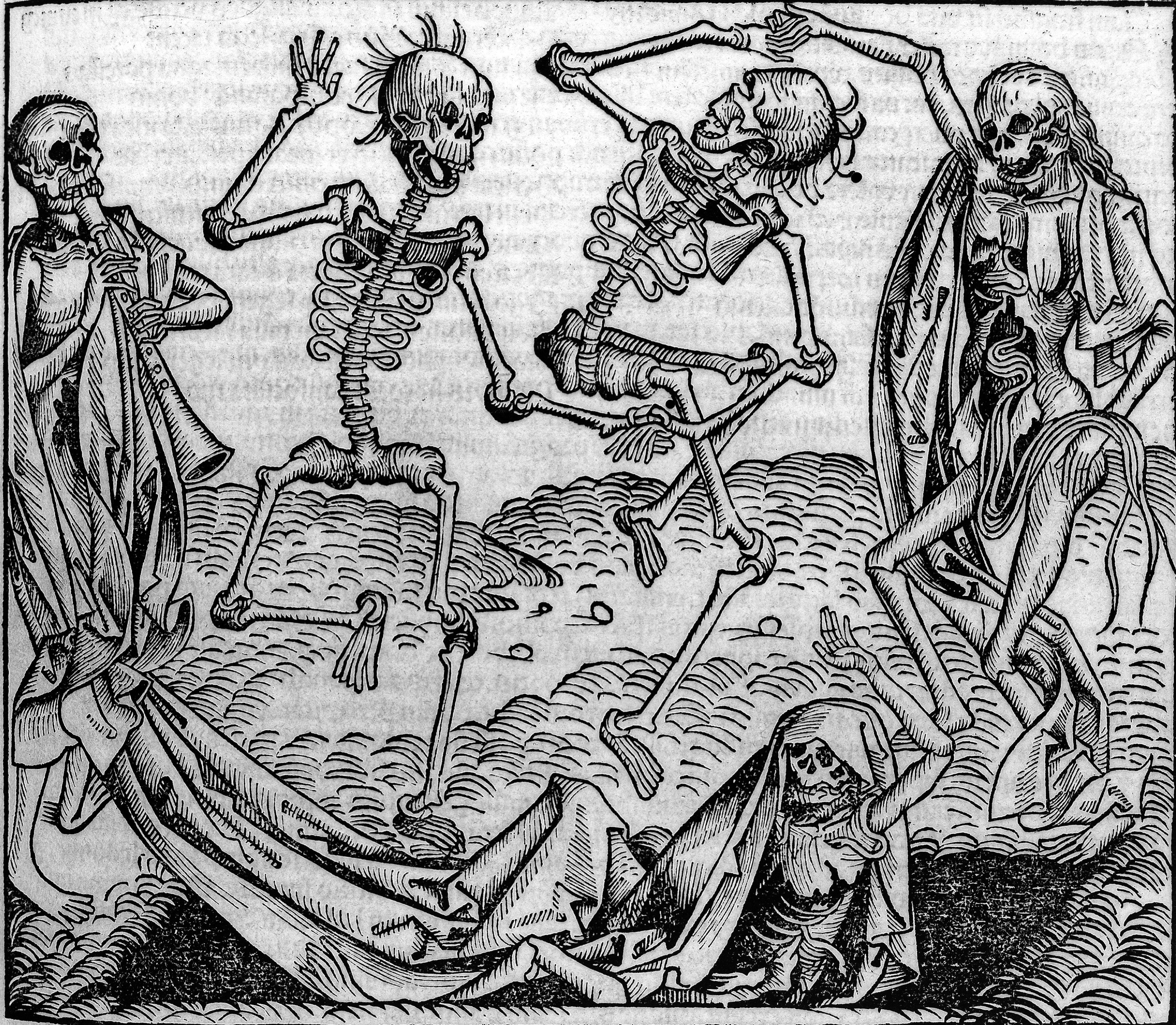 Engraving of dancing skeletons