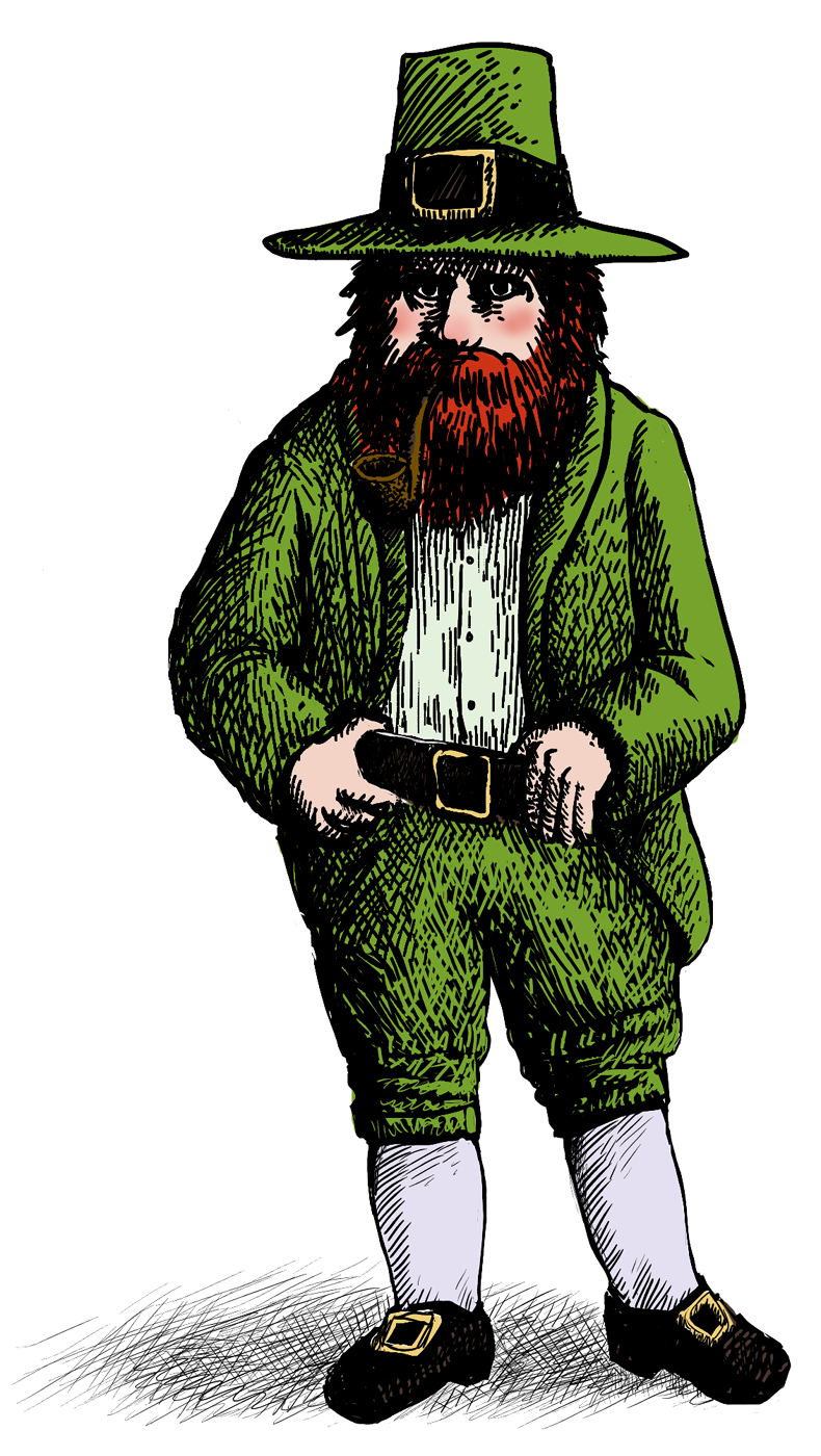 Leprechaun, clad in green, with a black hat and short trousers.
