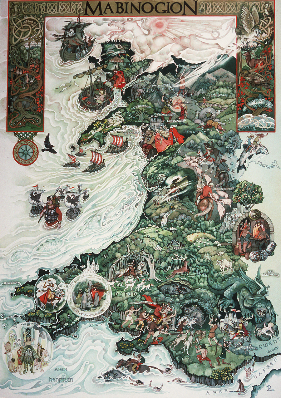 Map of Wales showing scenes from Mabinogion legends