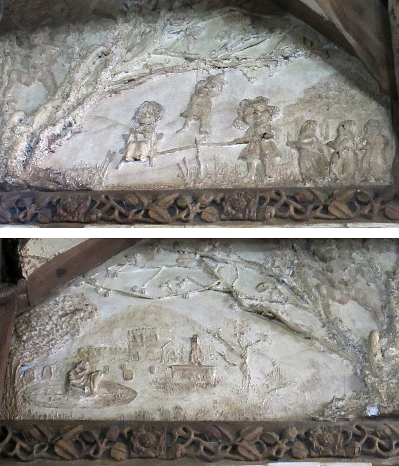 Scenes from the plaster frieze at Y Sospan, Dolgellau, showing trial and execution of witches (above) and a necromancer raising the dead (below) © Remy Dean
