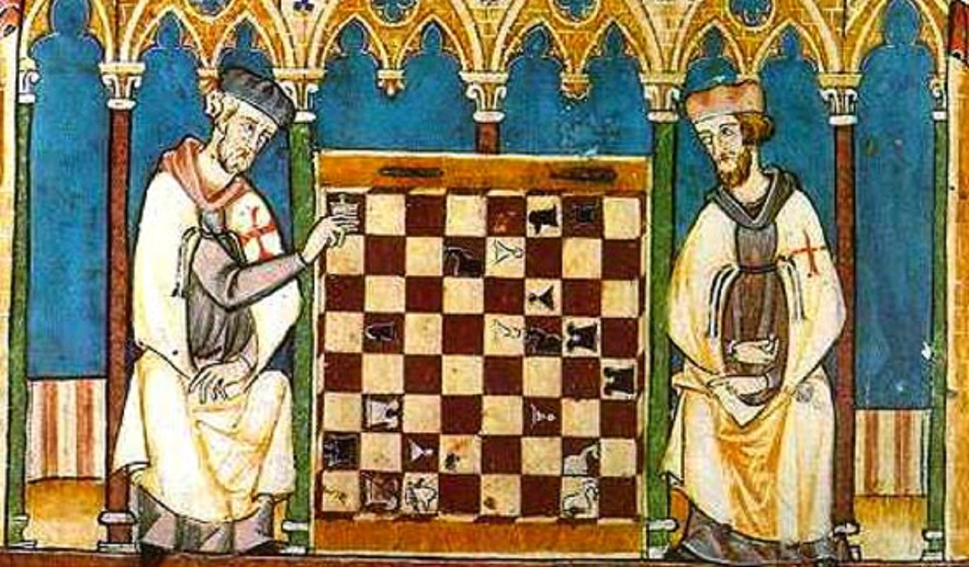 Old painting of two kings beside a large chess board