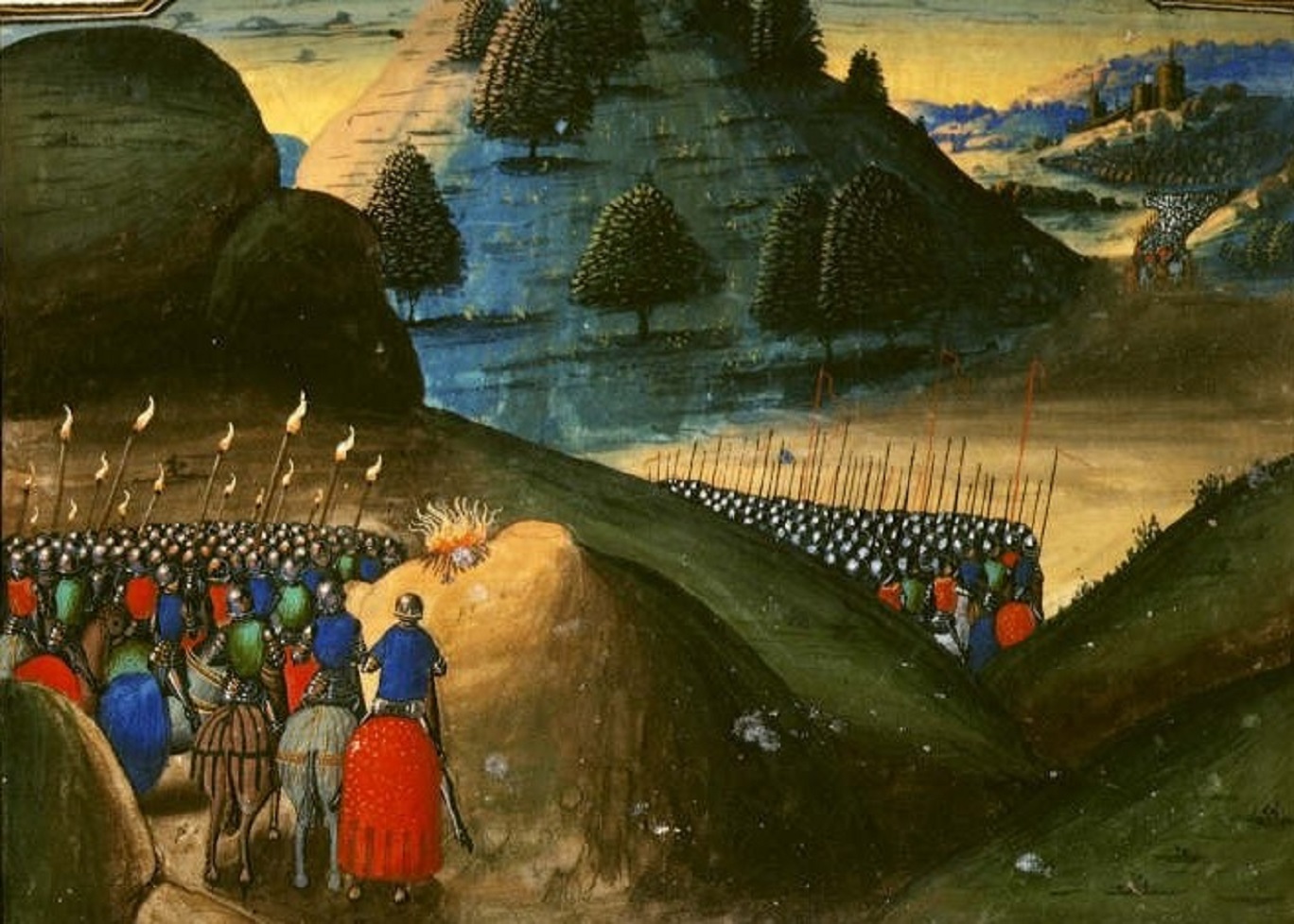 Painting of an army marching over a hill