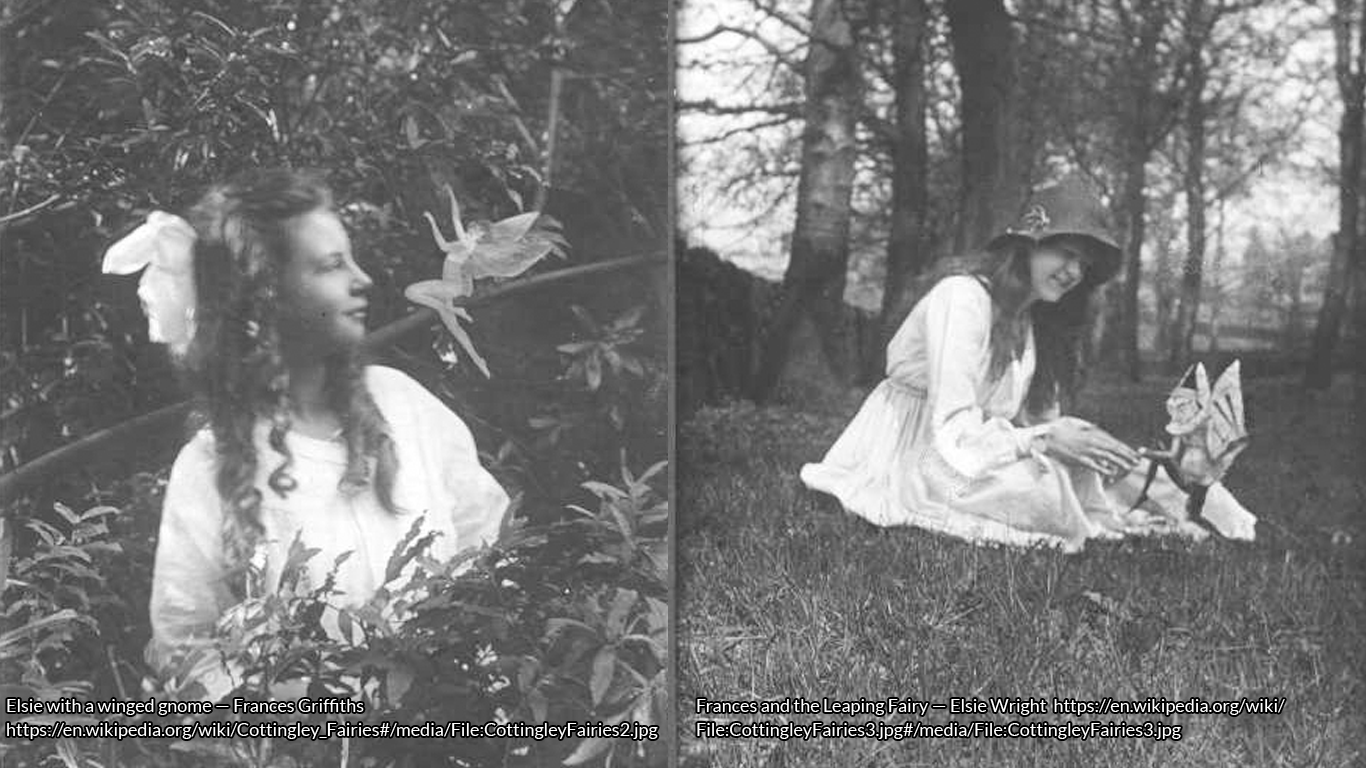 Two old photographs showing two girls, each with a fairy