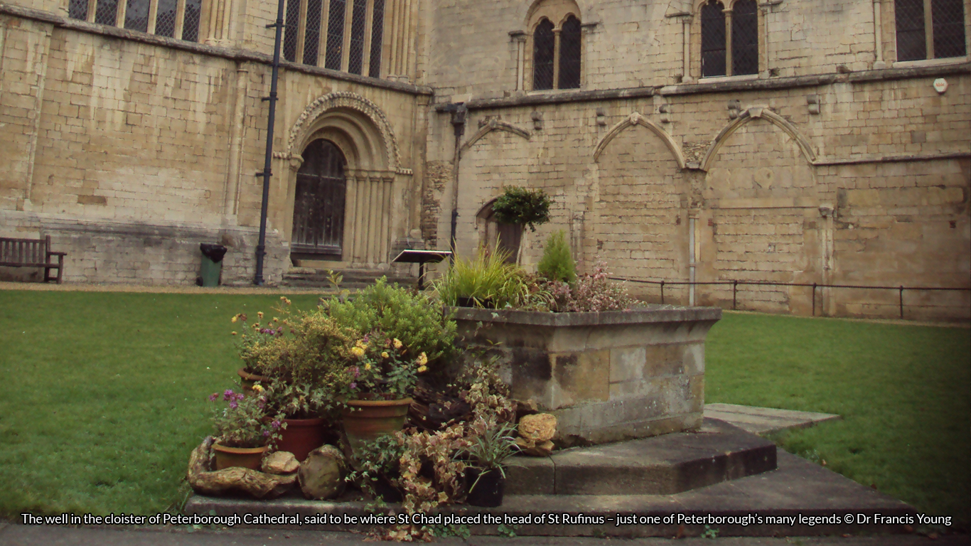 The well in the cloister of Peterborough Cathedral, said to be where St Chad placed the head of St Rufinus – just one of Peterborough’s many legends © Dr Francis Young