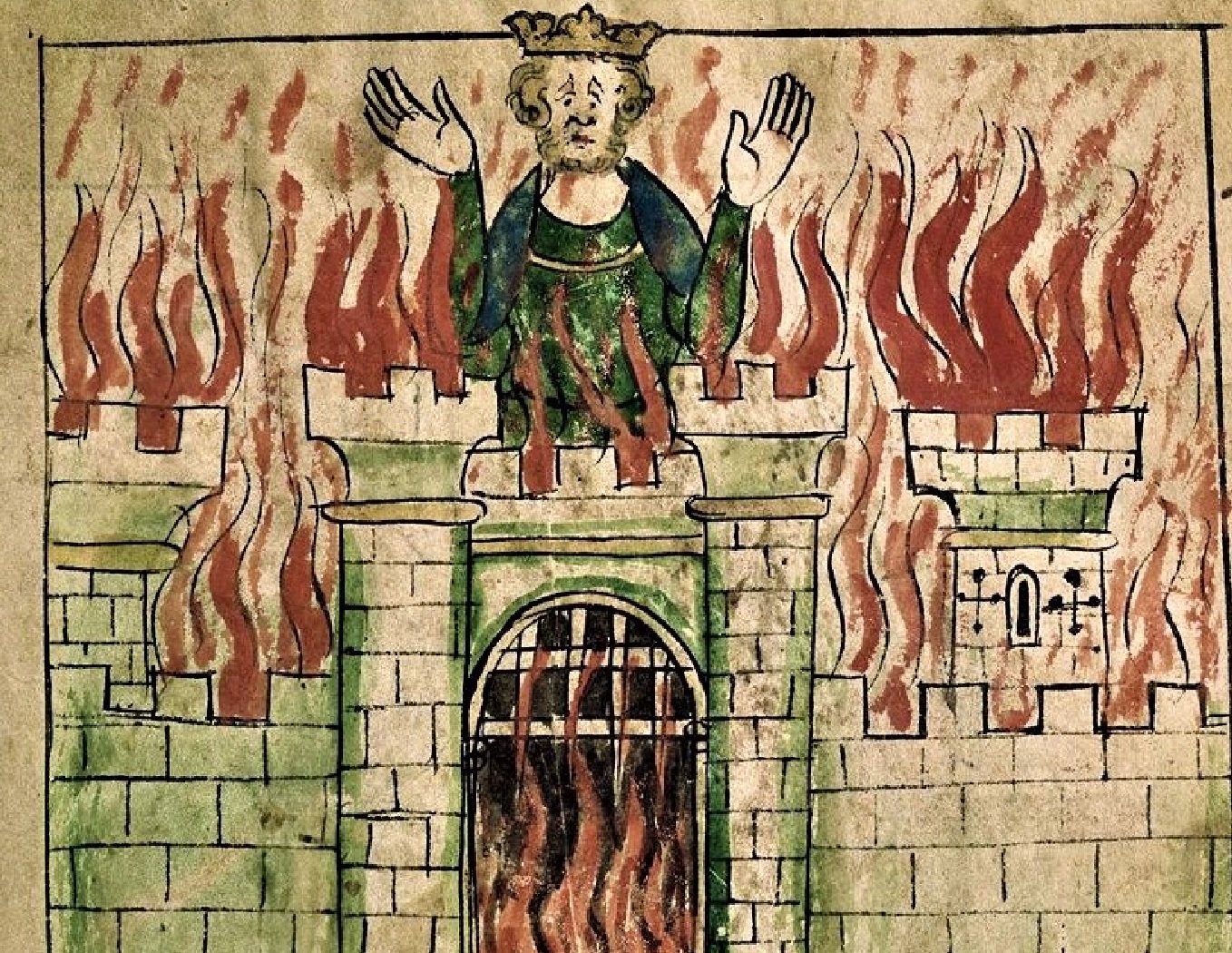 Vortigern, a half-legendary 5th-century British ruler, is depicted in his burning castle.