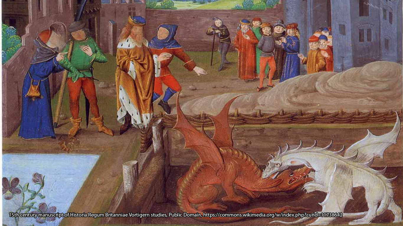 Illumination of a 15th century manuscript of Historia Regum Britanniae showing king of the Britons Vortigern and Ambros watching the fight between two dragons.