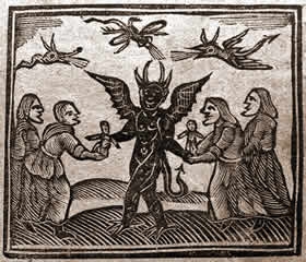 Depiction of the Devil giving magic puppets to witches, from Agnes Sampson trial, 1591. https://commons.wikimedia.org/wiki/File:Agnes_Sampson_and_witches_with_devil.jpg#/media/File:Agnes_Sampson_and_witches_with_devil.jpg