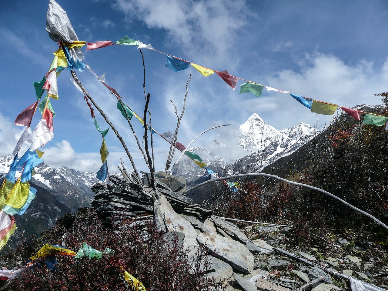 Himalayas with Tibetan prayer flags in foreground