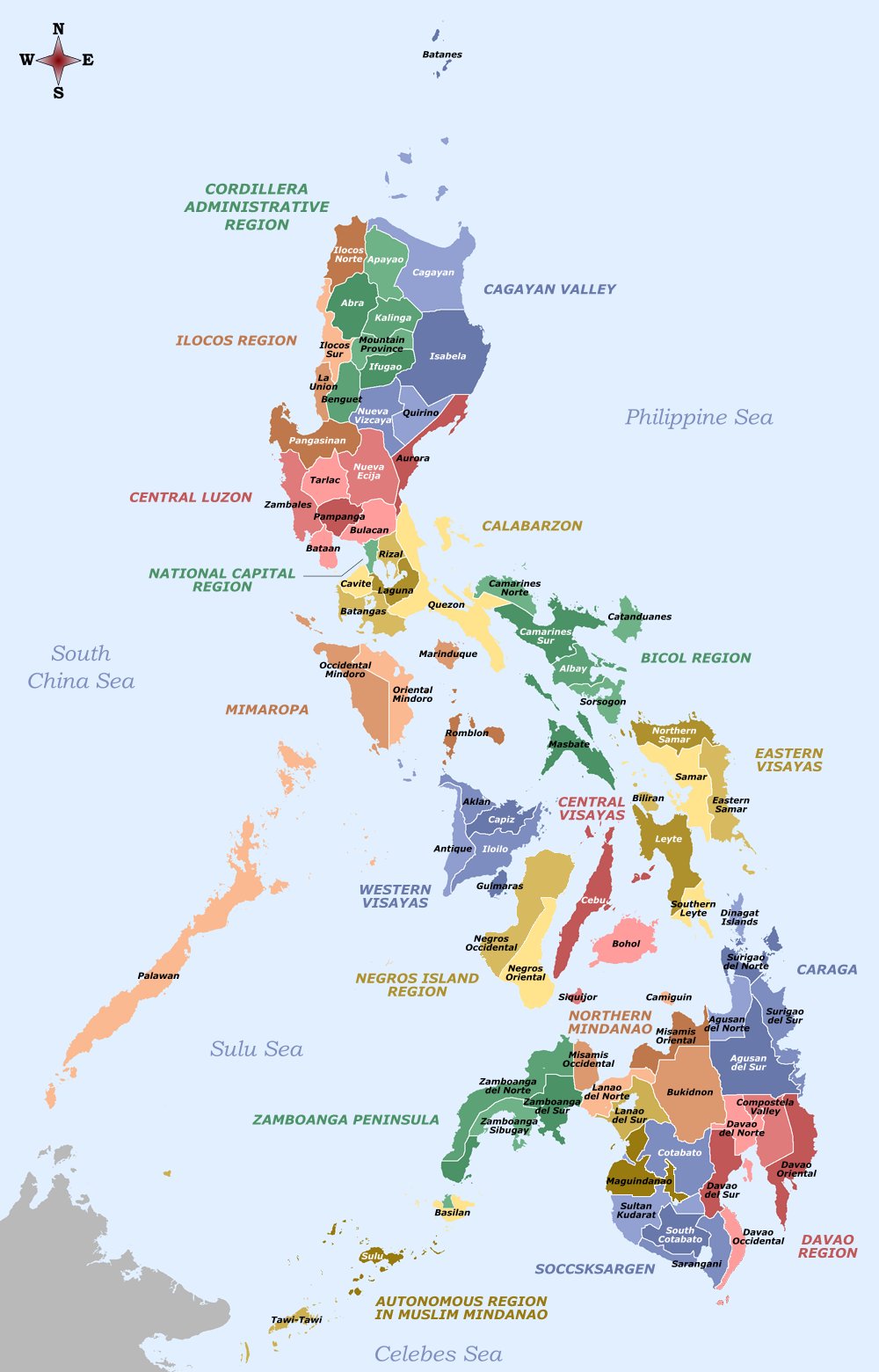 Labelled Map of the Philippines by Sanglahi86 <a href="https://commons.wikimedia.org/wiki/File:Labelled_map_of_the_Philippines_-_Provinces_and_Regions.png" target="_blank" rel="noopener">CC BY-SA 4.0 </a>