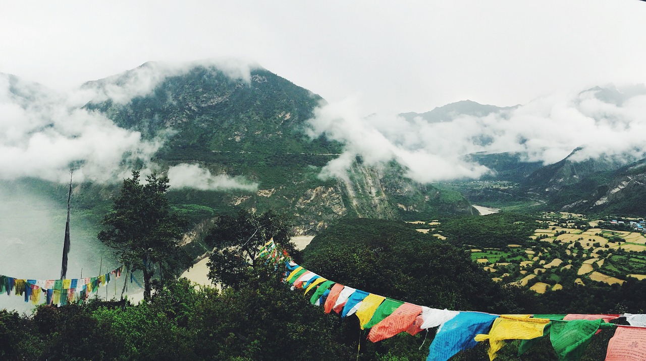 Mountain landscape with Tibetan prayer flags