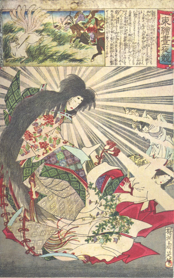 Woodblock print of Tamamo-no-Mae, in both her human form (bottom) and kitsune form (top). As a kitsune she has nine tails, which is a sign of her immense magical power. Source https://commons.wikimedia.org/wiki/File:Tamamonomae.jpg#/media/File:Tamamonomae.jpg