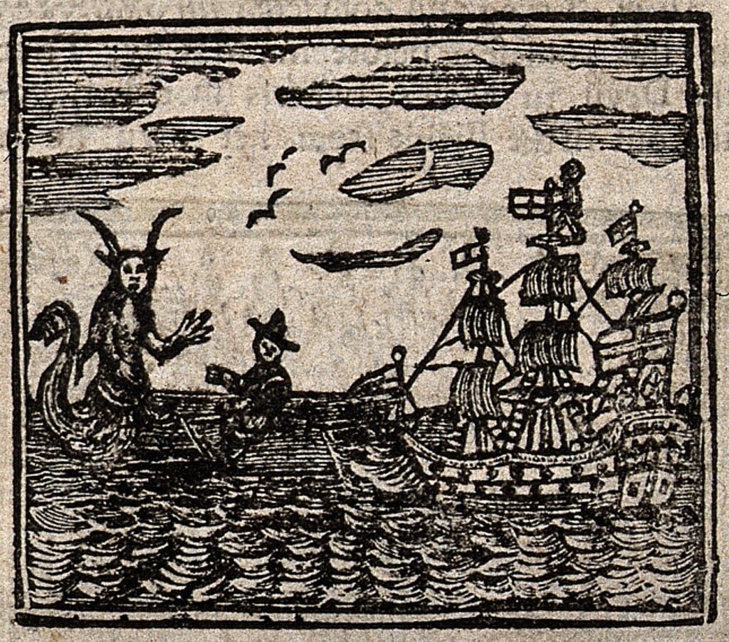 Witches were often accused of causing death and destruction at sea CC 4.0 https://commons.m.wikimedia.org/wiki/File:Witchcraft;_a_ship_being_confronted_by_a_sea-devil_(%3F)._Wood_Wellcome_V0025812EBR.jpg