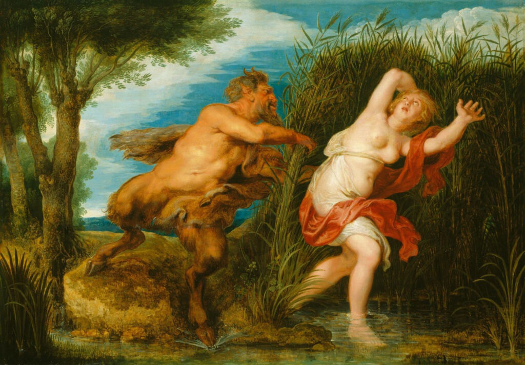 Pan chases the nymph Syrinx into a river. “Pan and Syrinx” by Peter Paul Rubens, 1620s. Source https://commons.wikimedia.org/w/index.php?curid=18224528