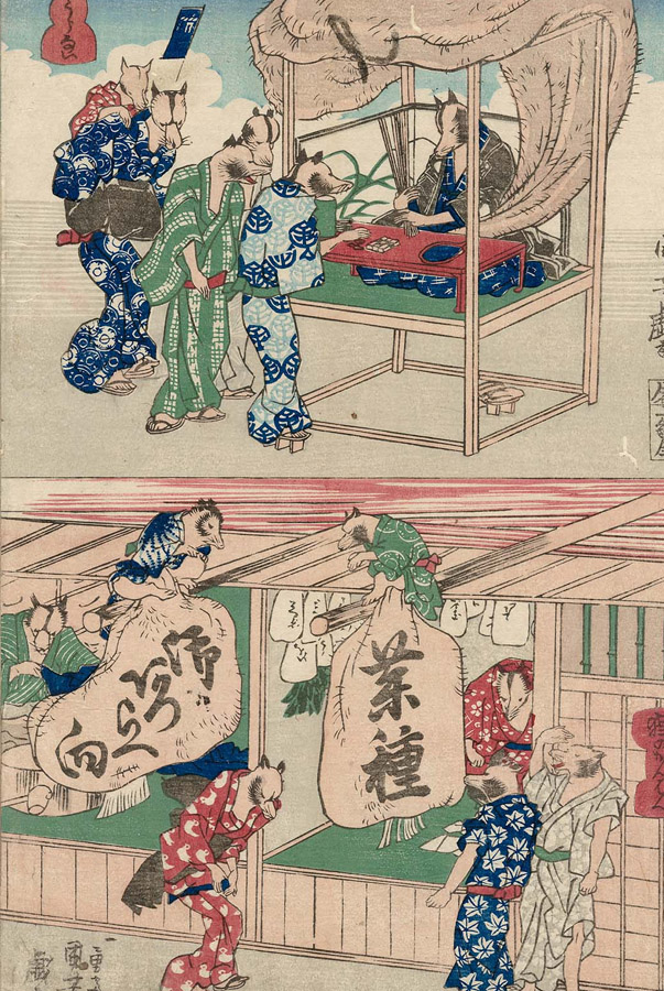 Top: A Tanuki Fortuneteller (Tanuki no uranai 狸のうらない). Bottom: Tanuki Shop Signs (Tanuki no kanban 狸のかんばん) From an untitled series of tanuki prints from about 1843–44 (Tenpô 14–Kôka 1). Utagawa Kuniyoshi (1797–1861) Collection of the MFA, Boston. https://www.mfa.org/collections/object/download/329932