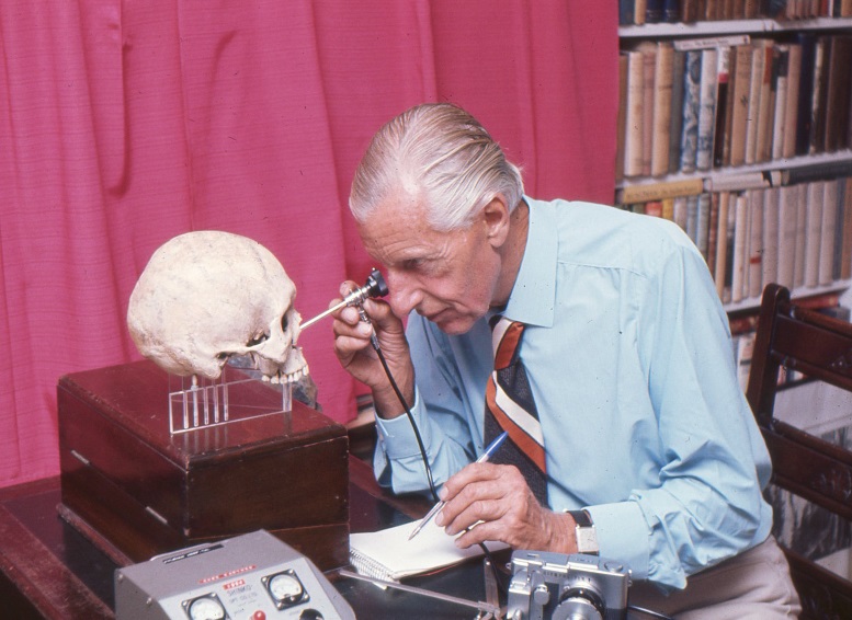 Calvin Wells examining a human skull in his office at White Horse Cottage Norwich, c1975 [Calvin Wells Archive, Ref code: CAL/