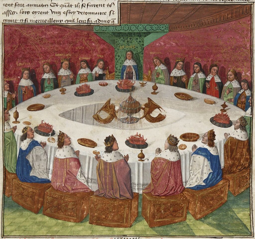 The Round Table, by Evrard d'Espinques Source https://commons.wikimedia.org/wiki/File:Holy-grail-round-table-ms-fr-112-3-f5r-1470-detail.jpg