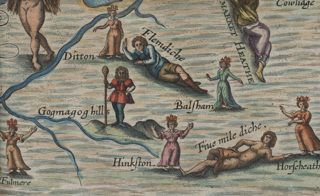 anthromorphised map of Cambridgshire with human figures representing places