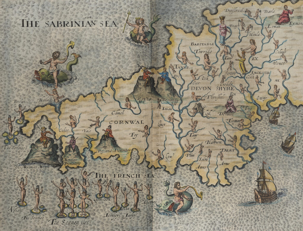 Hand-drawn map of Cornwall and Devonshire from the 1600's