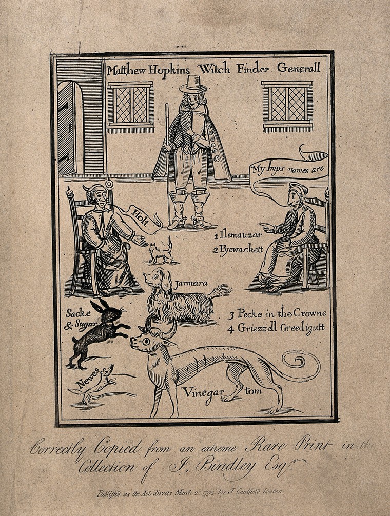 Matthew Hopkins, Witchfinder general, with two supposed witches calling out the names of their demons, some of which are represented by animals. Etching, 1792, after an earlier woodcut. https://wellcomecollection.org/works/nmgg2eb6