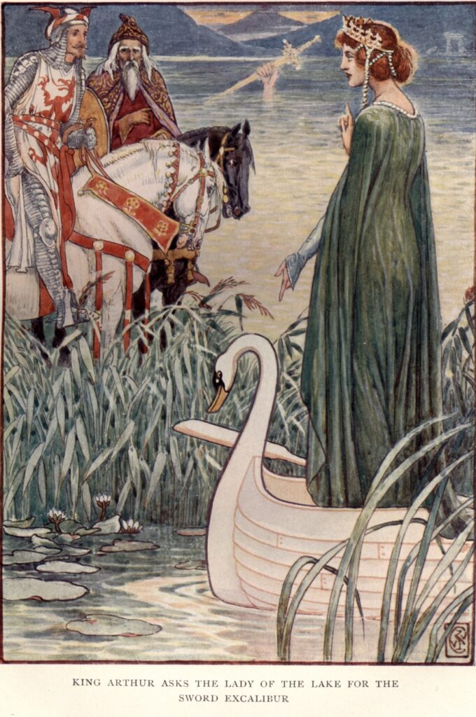 Arthur Asks the Lady of the Lake for Excalibur Source https://commons.wikimedia.org/wiki/File:CRANE_King_Arthur_asks_the_lady_of_the_lake_for_the_sword_Excalibur.jpg