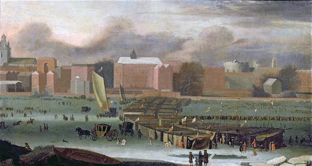Historic Fair on Frozen Thames with stalls and queues of people