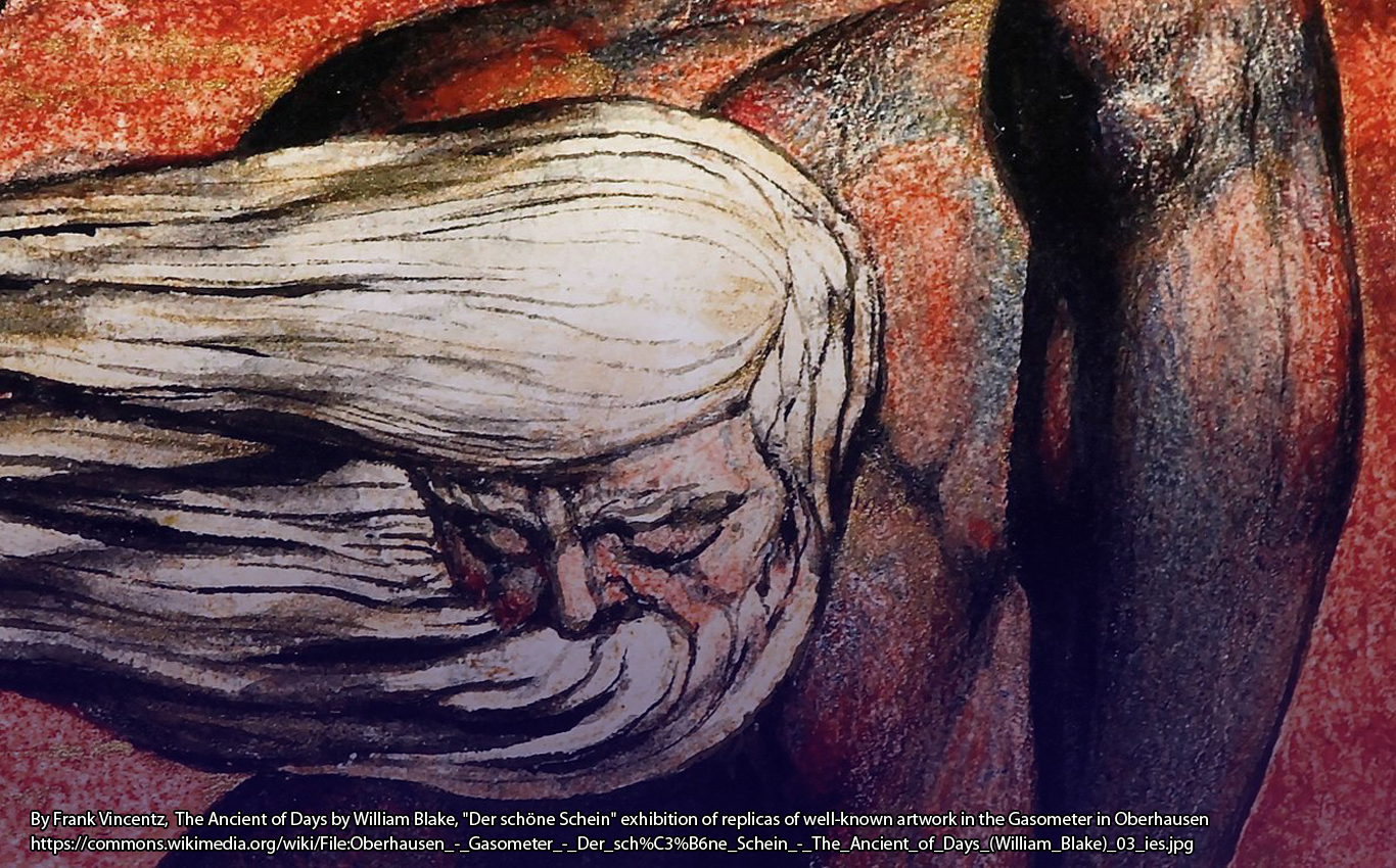 By Frank Vincentz, The Ancient of Days by William Blake, "Der schöne Schein" exhibition of replicas of well-known artwork in the Gasometer in Oberhausen https://commons.wikimedia.org/wiki/File:Oberhausen_-_Gasometer_-_Der_sch%C3%B6ne_Schein_-_The_Ancient_of_Days_(William_Blake)_03_ies.jpg
