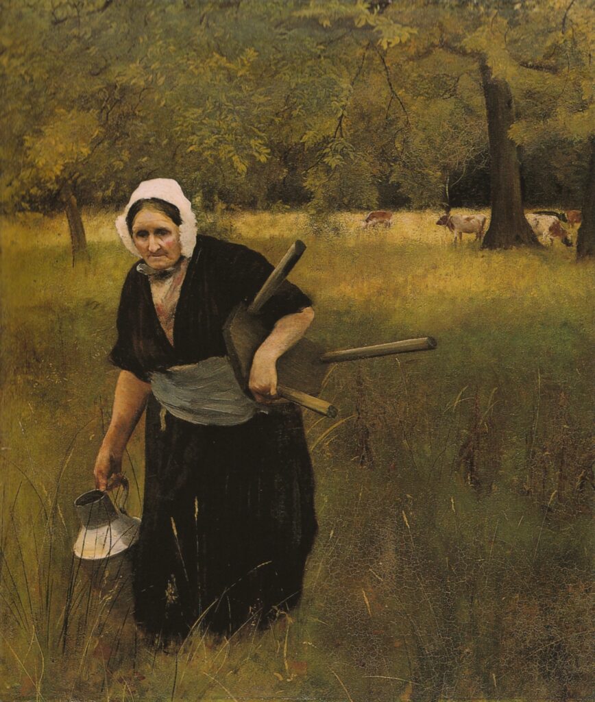 A dairymaid in 1879, carrying the traditional three-legged milking stool and milk can. By Charles William Mansel Lewis - Collection Mansel Lewis, Public Domain https://commons.wikimedia.org/w/index.php?curid=7726277