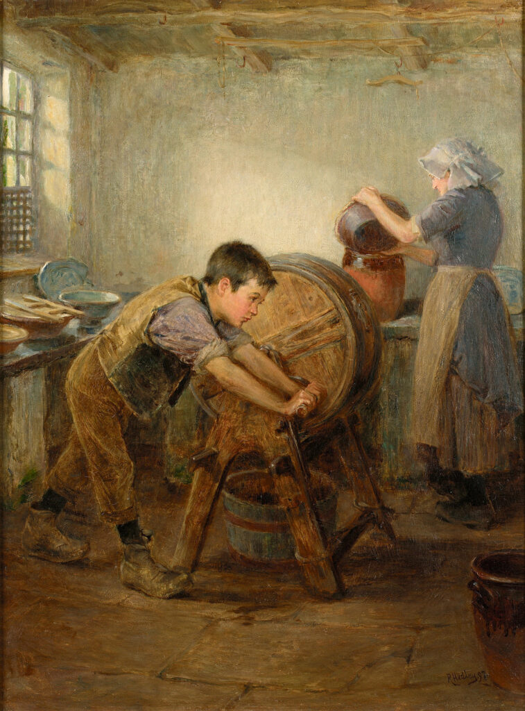 Churning butter, 1897. The woman is pouring cream into earthen jars to ripen before churning. Source https://commons.wikimedia.org/w/index.php?search=butter+churn&title=Special:Search&profile=default&fulltext=1#/media/File:Ralph_Hedley_The_Butter_Churn_1897.jpg