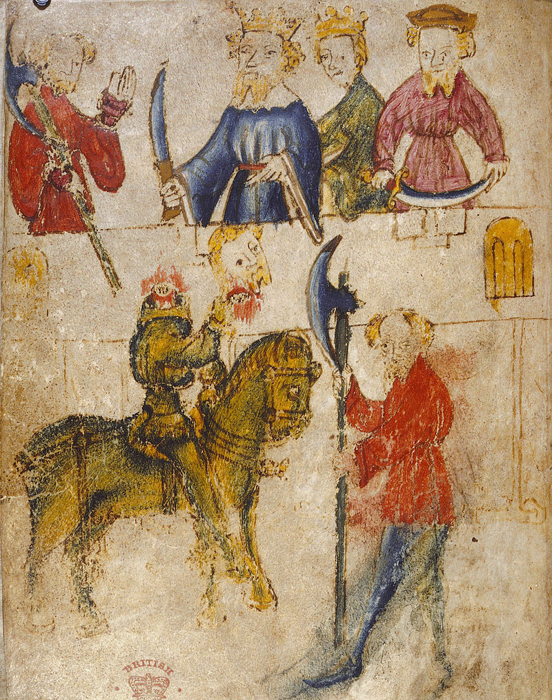 One of the illustrations from the original 14th century manuscript of Sir Gawain and the Green Knight, from the British Library Source https://en.wikipedia.org/wiki/Sir_Gawain_and_the_Green_Knight#/media/File:Gawain_and_the_Green_Knight.jpg