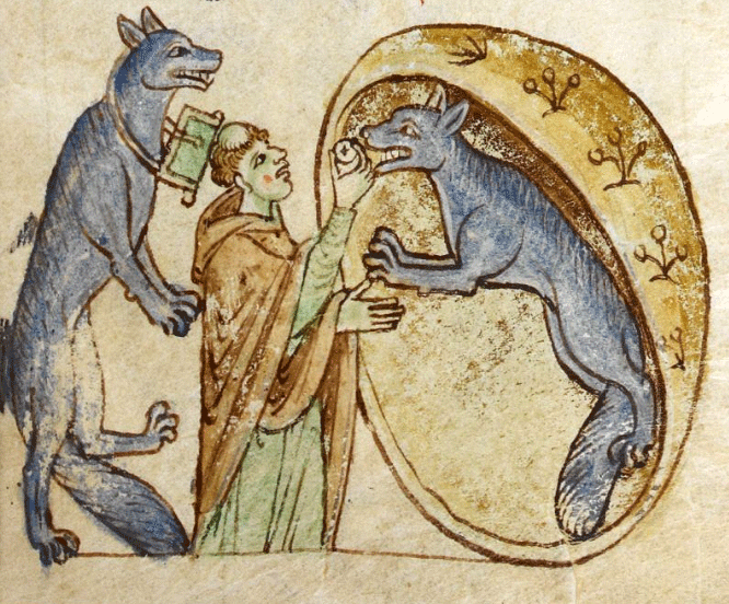 An illustration from Topographia Hiberniae depicting the story of a traveling priest who meets and communes a pair of good werewolves from the kingdom of Ossory.