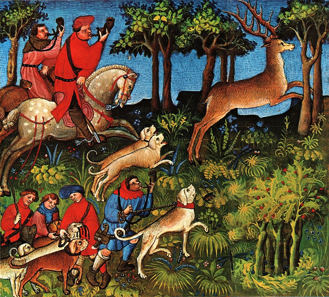 Picture from Livre de la Chasse showing relays of running hounds set on the path of the hart