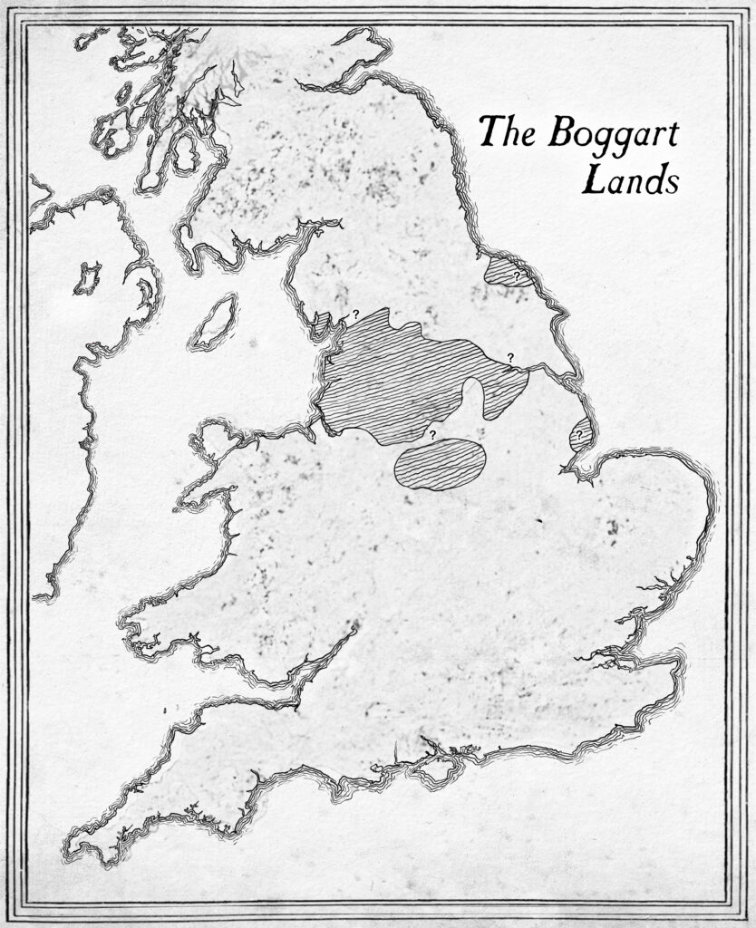 A map of the UK, labelled as The Boggart Lands. Areas in the centre of the map are highlighted.