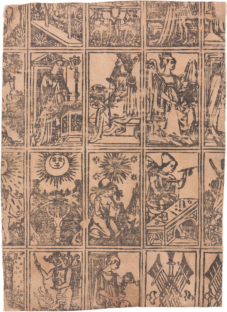This sheet (304 x 217 mm) shows all or part of twenty playing cards, dated c. 1500. It is part of the Cary Collection of playing cards, in the Beinecke Library at Yale. Public Domain, https://commons.wikimedia.org/w/index.php?curid=34906134