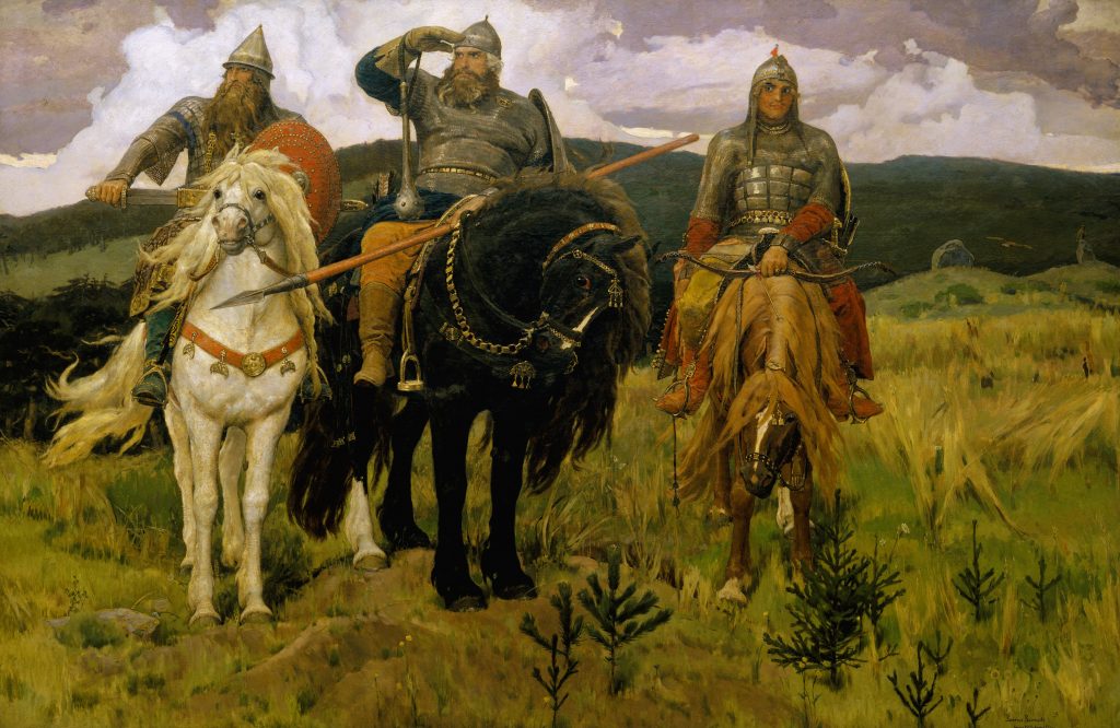 Men on horses. Bogatyrs and their Horses of Power. Victor Vasnetsov https://commons.wikimedia.org/wiki/File:Viktor_Vasnetsov_-_%D0%91%D0%BE%D0%B3%D0%B0%D1%82%D1%8B%D1%80%D0%B8_-_Google_Art_Project.jpg