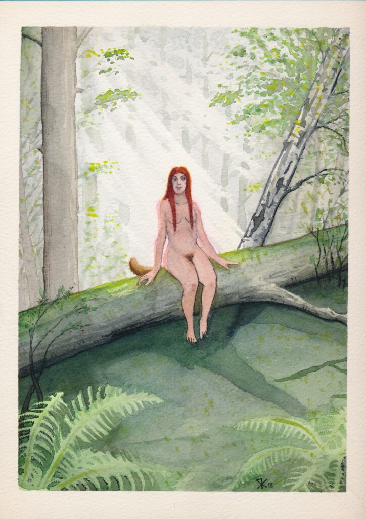 Skogsrå sitting on a fallen tree. Illustration by Robin Kuusela.