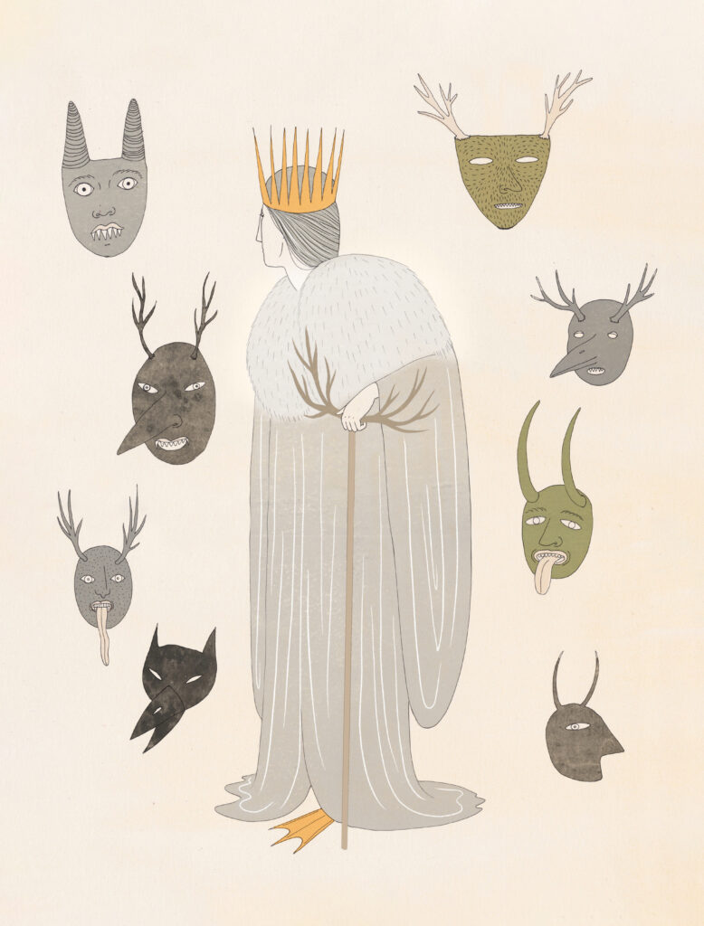 Berchta surrounded by masks, from 'Warriors, Witches, Women: Mythology’s Fiercest Females' is a new book by Kate Hodges, illustrated by Harriet Lee-Merrion.