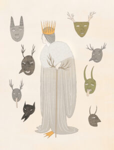Berchta surrounded by masks, from 'Warriors, Witches, Women: Mythology’s Fiercest Females' is a new book by Kate Hodges, illustrated by Harriet Lee-Merrion.