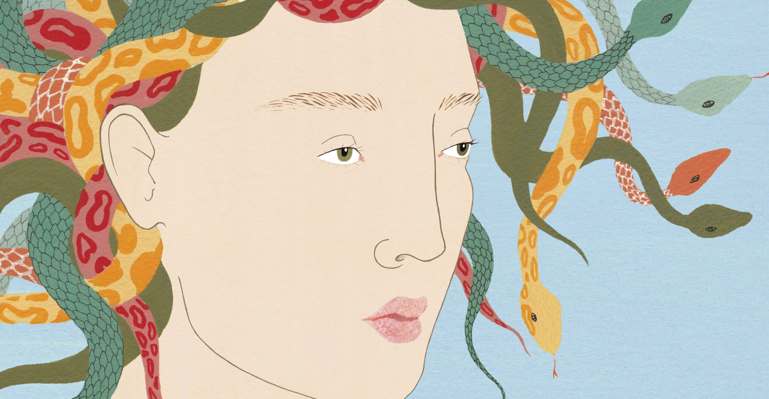 Medusa close up. Warriors, Witches, Women: Mythology’s Fiercest Females is a new book by Kate Hodges, illustrated by Harriet Lee-Merrion, and published by White Lion Publishing.