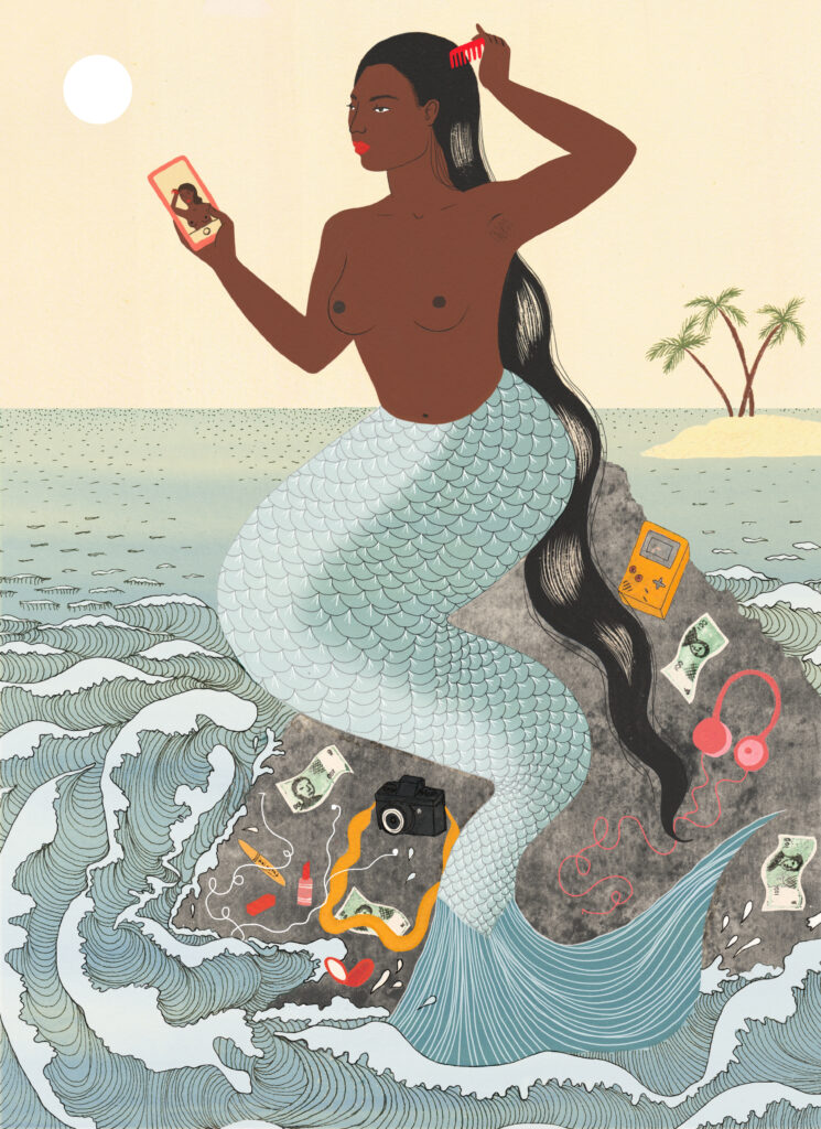 Mami Wata, sitting on a rock in the sea, from 'Warriors, Witches, Women: Mythology’s Fiercest Females' is a new book by Kate Hodges, illustrated by Harriet Lee-Merrion.