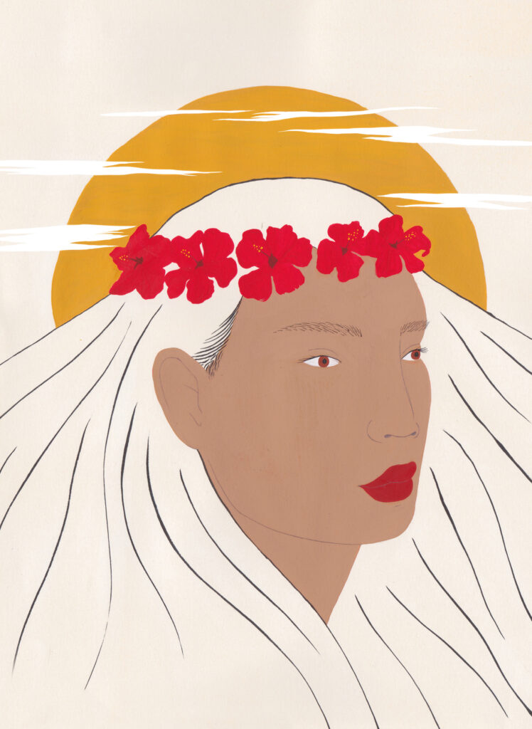 Pele standing in front of the sun wearing a flower headband, from 'Warriors, Witches, Women: Mythology’s Fiercest Females' is a new book by Kate Hodges, illustrated by Harriet Lee-Merrion.