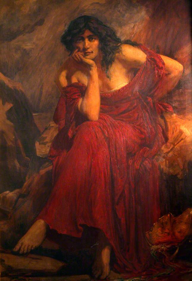 Woman in red dress facing painter. Ceridwen, by Christopher Williams, Public Domain, https://commons.wikimedia.org/w/index.php?curid=9408527