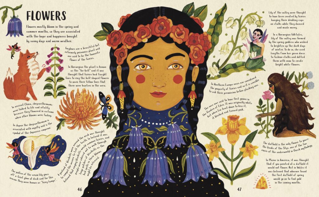 Book pages with illustrations of a girl and flowers