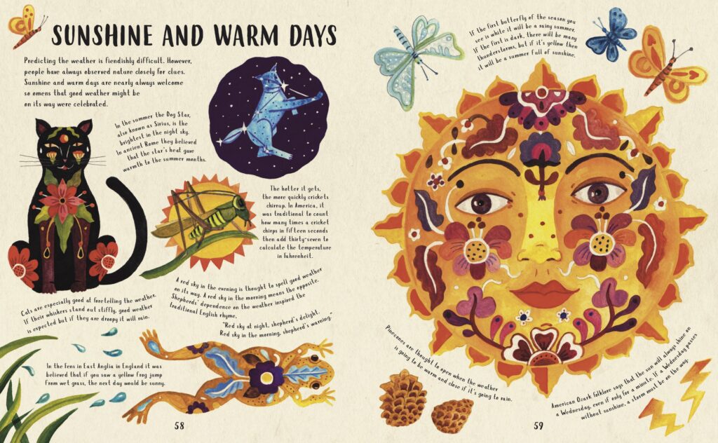 Book pages with illustrations of the sun and cats