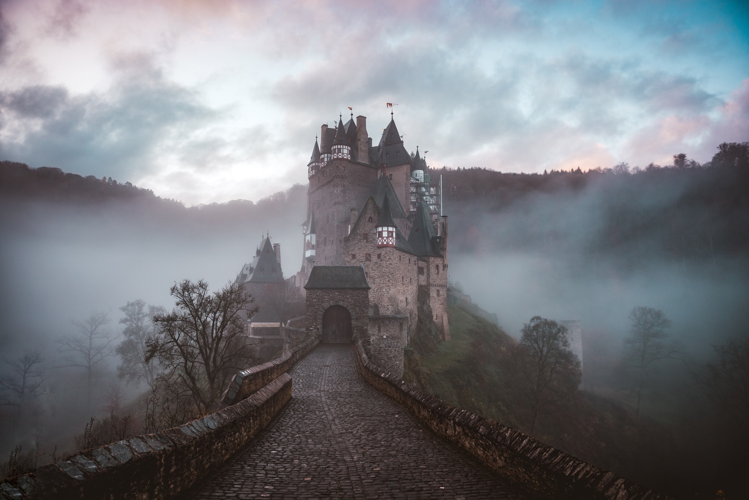 Castle with turrets in the fog